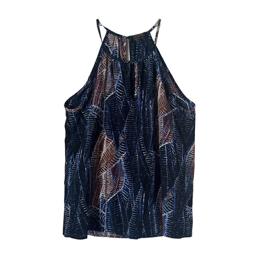🌺 Renee C Navy Blue Tropical Leaf Print Sleeveless Swing Blouse Size XS